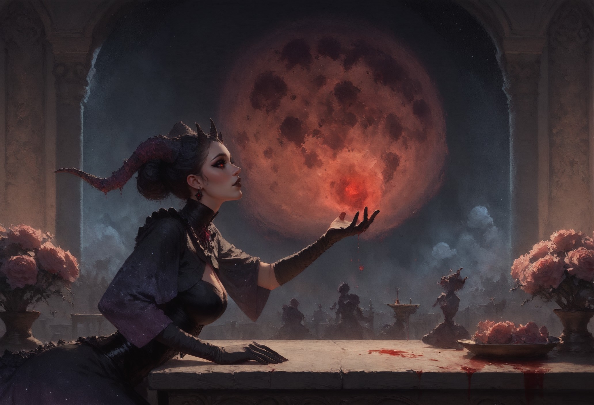 score_9, score_8_up, score_7_up,  realistic, side view, a beautiful dragon girl, cosmic robe, (anthropomorphic:0.8), cosmic horror, black scales, small horns, straight horns, black makeup, leather gloves, detailed background, vintage style room, gothic, gothic palace, stone table, blood laboratory, magic spirit in the air  <lora:pony/twilight_style:0.8> <lora:pony/expressiveh:0.8> expressiveh