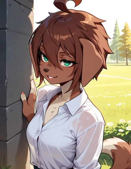 masterpiece, best quality, very aesthetic, absurdres,
outdoors,
headshot,
button-down shirt,
seductive smile, parted lips, long eyelashes,
<lora:Kess_v01_NAIXL:1>
Kess,1girl,solo,furry,furry female,dog girl,brown hair,short hair,hair between eyes,dog ears,green eyes,snout,animal nose,body fur,brown fur,dog tail,