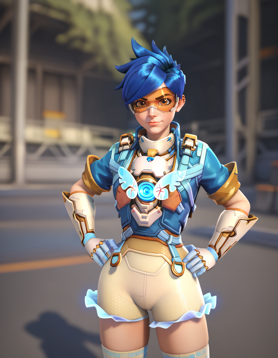 Masterpiece, high-res, 2k, best quality, 2.5d, 1girl, hero of heart, tracer (overwatch) , googles, harness, <lora:Hero_of_Heart_Tracer_Pony-000043:1> Hands on hips, Enchanted Forest with Glowing Mushrooms