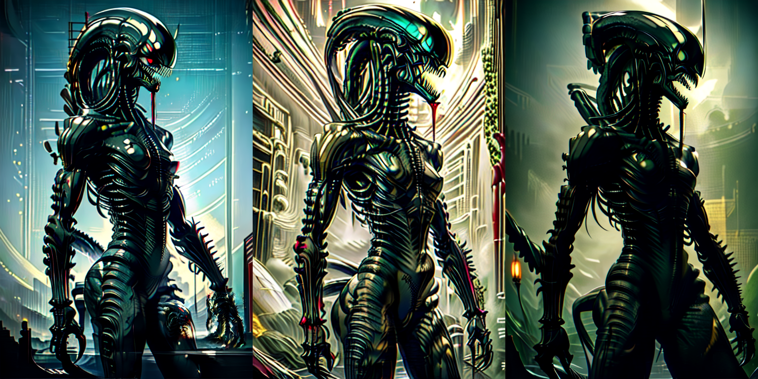 (otherworldly), highly insanely detailed, masterpiece, top quality, best quality, highres, 4k, 8k, RAW photo, (very aesthetic, beautiful and aesthetic), 
__lazy-wildcards/cosplay-char/alien-predator/xenomorph/prompts__, 
<lora:FemXeno:1>, 
(1girl:1.3), eyes focus, 
__lazy-wildcards/dataset/background__,âââ