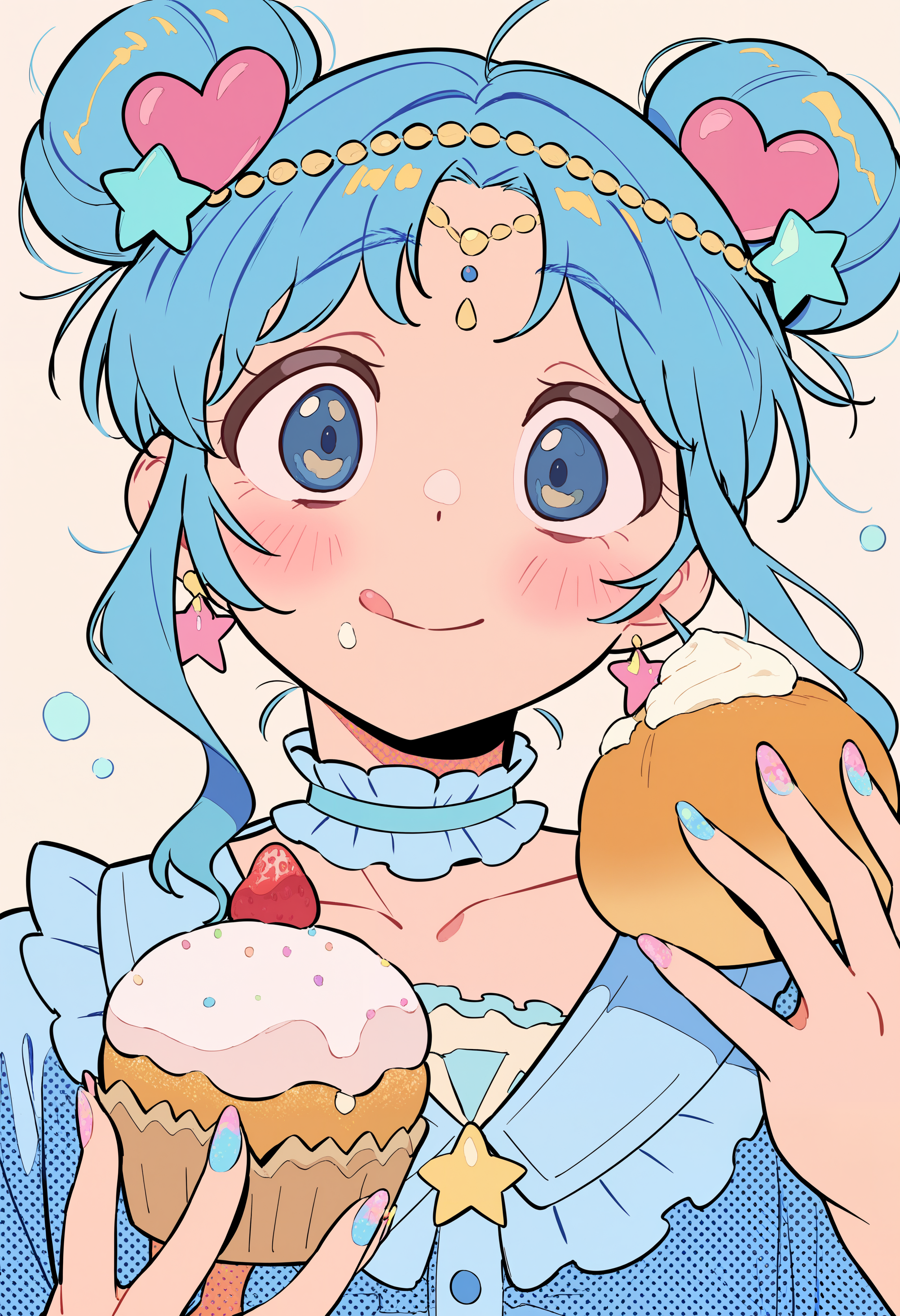 amazing quality, newest, absurdres, halftone \(texture\), blue theme, white theme, yellow theme,   1girl, solo, double bun, blue hair, blue eyes, messy hair, holding pastry, nail polish, :q, raised eyebrows, blush, heart hair ornament, food-themed hair ornament, head chain, star earrings, collarbone, frilled shirt, frilled shirt collar, frilled choker,   <lora:semham4>