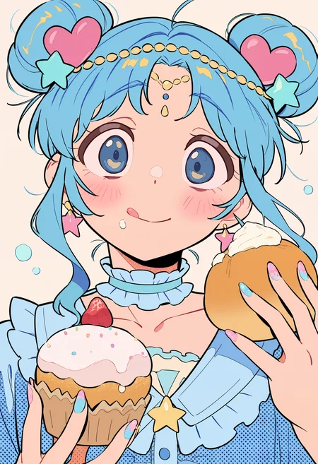 amazing quality, newest, absurdres, halftone \(texture\), blue theme, white theme, yellow theme, 1girl, solo, double bun, blue hair, blue eyes, messy hair, holding pastry, nail polish, :q, raised eyebrows, blush, heart hair ornament, food-themed hair ornament, head chain, star earrings, collarbone, frilled shirt, frilled shirt collar, frilled choker, <lora:semham4>