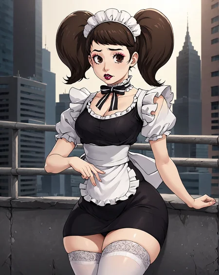 <lora:Kawakami_Sadayo:0.8> 1girl, kawakami sadayo, brown eyes, short hair, brown hair, striped shirt, black hair, twintails, maid headdress, maid, white thighhighs,, short hair, brown hair, white shirt, thick,wide hips,lipstick,sexy look,groin,lip gloss,plump ,makeup,side view,cute face,outside of a futuristic city in the style of a mix between a mix of surreal futurism and retrofuturism with fluid detail in the style of Chris Foss and a mix of retrofuturism and dystopian with smooth detail in the style of John Harris , <lora:great_lighting:1.5> great lighting <lora:Pony_DetailV1.0:0.8>, lora:Test:0.8> detailed background