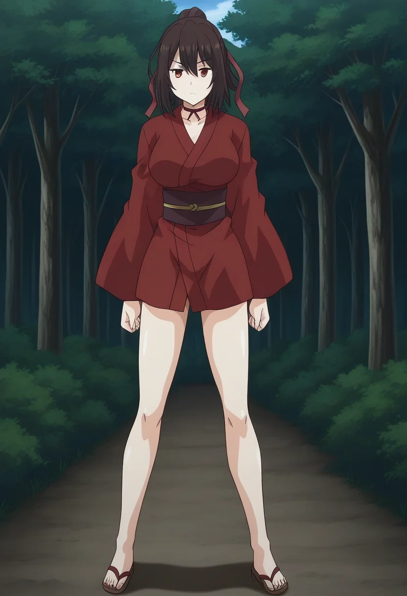 1girl, solo, kunobotananm, brown hair, hair ribbon, ponytail, red eyes, choker, short kimono, obi, large breasts, sandals, outdoors, forest, standing, full body, serious