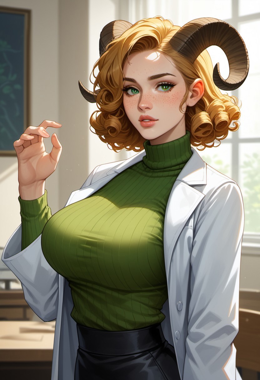score_9, score_8_up, score_7_up, score_6_up, score_5_up, score_4_up, 8K, RAW, best quality, masterpiece, dynamic pose, side view, ultra high res, sadia, satyr girl, detailed green eyes, golden hair, curly hair, huge breasts, short hair, very beautiful, natural face, beautiful face, glossy lips, small cute button nose, perfect body, expressive face, (freckles:1.3), curled goat horns, goat legs, doctor, black skirt, olive green turtleneck, labcoat, seductive, exam room,