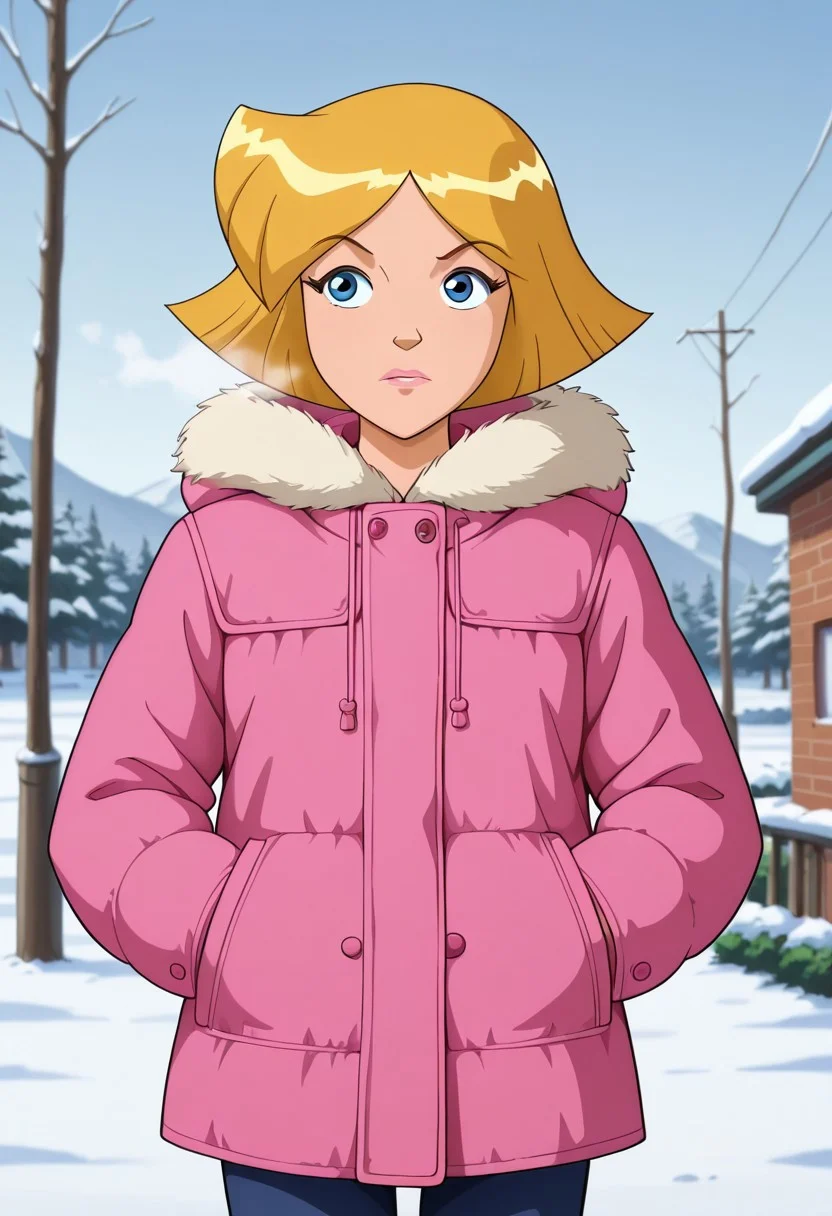 masterpiece, best quality, good quality, 1girl, solo, cartoon, parody, official style, cl0ver_totally_spies, short hair, blonde hair, blue eyes, winter coat, outside, snow, cold, sexy, beautiful, detailed, high detailed, very beautiful, detailed face, detailed eyes,