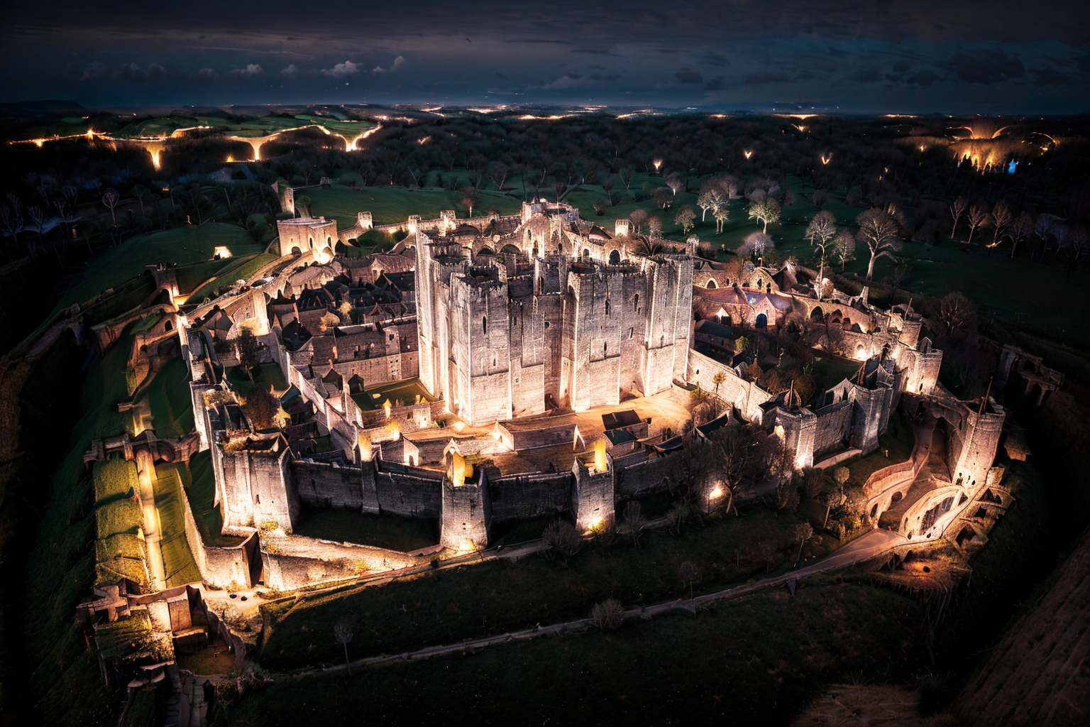 (masterpiece, best quality:1.2), ultra-detailed, Castle (at night very dark light magic landscape:1.3), (white dead trees and black grass:1.3), (realistic:1.5),  <lora:EdobMedievalCastleTopView_v1.0:1> <lora:Hell2_v1.0:0.3>