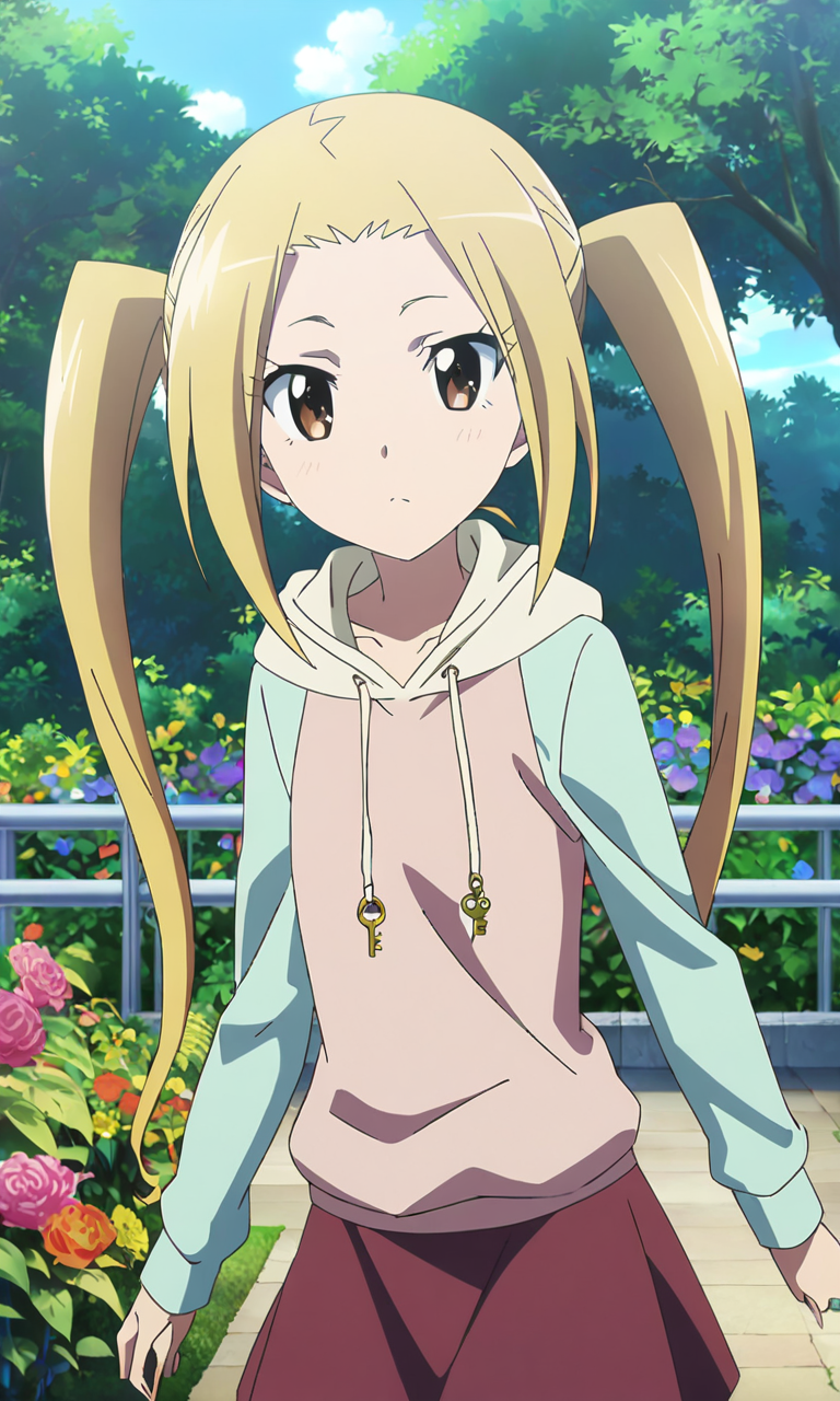 anime artwork hagimura suzu, 1girl, long hair, blonde hair, twintails, brown eyes, petite, flat chested, casual clothing, skirt, hoodie,garden,masterpiece,best quality,8k highres . anime style, key visual, vibrant, studio anime, highly detailed