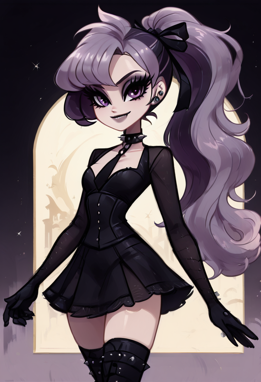 (masterpiece, best quality, good quality, very aesthetic, absurdres, newest:1.2),  zzAnabel, purple hair, purple eyes, long hair, ponytail, ribbon, hair ribbon, bangs, black ribbon, black suit, formal, black tie, black gloves,  , <lora:AnabelPokemon_IXL_v2:1.0>,, smile, looking at viewer, cowboy shot, (two-tone hair, purple hair, makeup, eyeshadow, black lips, dress, black boots, knee boots, spikes, spiked collar, gothic),   ,<lora:VampieNAI:1.0>,