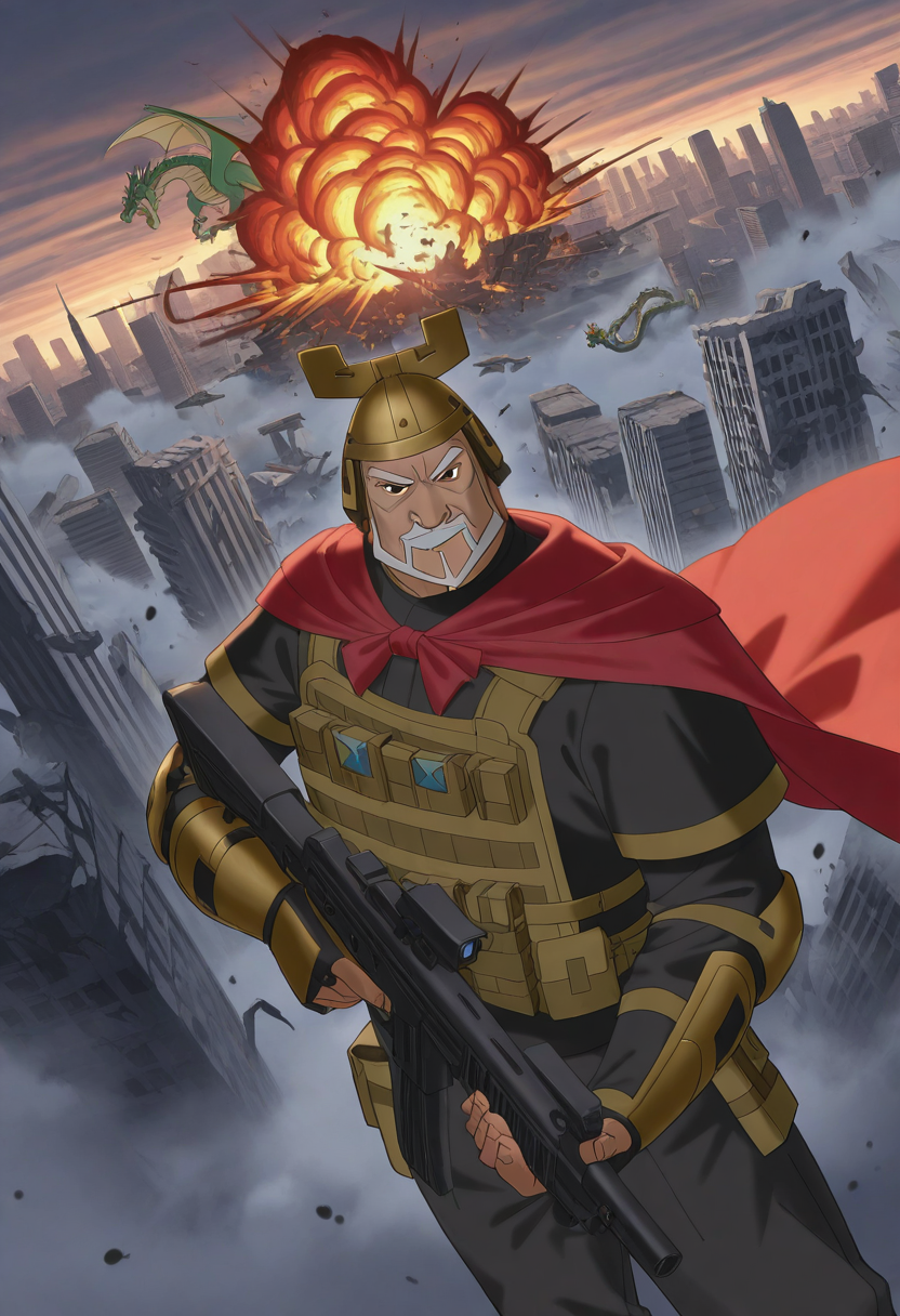 1boy, standing, closed mouth, smile, upper body, looking at viewer, dutch angle, from above, holding gun, above clouds,
BREAK
wenzhong, old man, tan, thick eyebrows, short hair, grey hair, black eyes, mustache, soul patch, beard,
helmet, red cape, black clothes, tactical clothes,
BREAK
fire, burning, darkness, explosion, backlighting, skyscraper, city, cityscape, dragon, smoke, ruins, debris,
BREAK
best quality, masterpiece, very aesthetic, absurdres, highest detailed, very awa, detailed background,
<lora:DILFs_and_Creatures_from_The_Legend_Of_Nezha_v0.1:1>