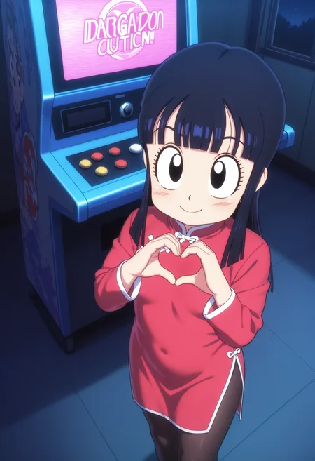 1girl, chi-chi \(dragon ball\), black hair, long hair, black eyes, red china dress, long sleeves, black pantyhose, 
smile, standing, heart hand, cowboy shot, looking at viewer, dutch angle, from above, indoors, arcade, arcade cabinet, dark room, night, shaded,
masterpiece, best quality, ultra-detailed, very aesthetic, illustration, perfect composition, intricate details, absurdres, official art, official style, source_anime, anime screencap, anime coloring, newest, intricate, hires textures, high detail, 4k, incredibly detailed, perfect anatomy, UHD, 8K,
| <lora:DB-chichi(yawaniku)_XL(ill01)v10d:1>