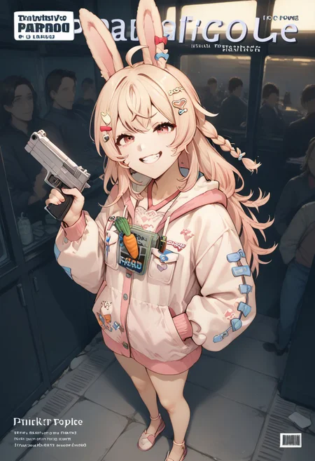 (score_9, score_8_up, score_7_up, score_6_up, score_5_up, score_4_up), fantastic composition, solo, (pipkinpippa, 1girl, pipkinpippa the mad gunslinging rabbit, comic cover, female, pipkin pippa, feet), "Guns & Ammo" magazine cover, (pink platecarrier, carrots in pockets:1.3), (cute, petite), (handgun, holding gun, holding weapon, dual wielding, finger on trigger), smile, (smug, naughty grin), crazy eyes, backlit, (dynamic view angle, side view, from above, face focus, warzone background)