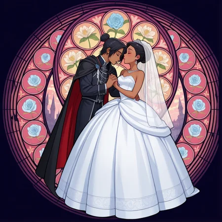 masterpiece, best quality, amazing quality, very aesthetic, absurdres, newest, 4k, 8k,
divetotheheartxd, circle, black background, stained glass, round image, 1girl, 1boy, dress, hetero, art nouveau, wedding dress, veil, dark skin, couple, cape, flower, bridal veil, jewelry, closed eyes, wedding, holding hands, hair bun, black hair,
<lora:STATION_OF_AWAKENING_V2:1>