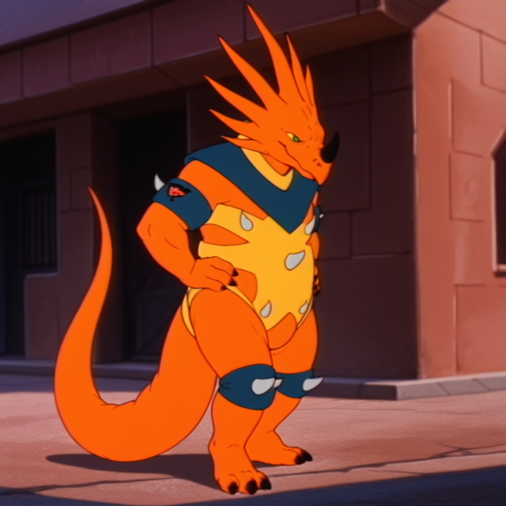 masterpiece, best quality, amazing quality, StyracoDsil, anthro, male, Styracosaurus, orange skin, black nose horn, green eyes, yellow leotard, blue trim, blue armbands, blue kneepads, white spikes, outside, standing, hands on hips solo, 1boy, full body, <lora:03b5a334-1150-45ee-958c-7e2347a37722:1.0>