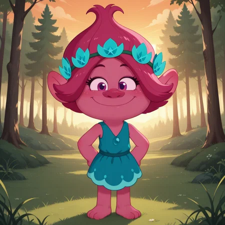 score_9, score_8, BREAK, solo, Poppy_(Trolls), 1girl, solo, pink hair, head wreath, pink skin, pink skin female, teal and light blue dress, barefoot, sexy pose, self portrait, smile, looking at viewer, outdoors, sunlight, shadows, evening lighting, natural lighting, forest, trees, grass, orange sky, sunset