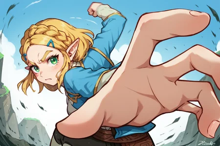 zPDXL,  <lora:Concept_Pepe_punch_meme:1>, 1girl, P3P3_PUNCH, fist, zelda, breath of the wild