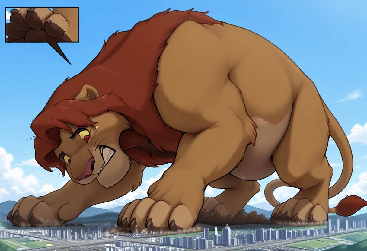 masterpiece,best quality,amazing quality, 1boy, solo,32k, no humans,
s1mb4, lion,quadruped, colored sclera, brown fur, red eyes, red mane, lion tail, full body,body fur, full body view,(((feral))), body fur, paws, feet fetish, paw focus, close up, paws,impact,outdoors, blue sky, clouds, soft clouds,detailed cityscape, taking up the whole screen, newest, highres, masterpiece, extreme detail, giantess, male, landscape dwarfing,swelling body,gigantic body,impact, growth lines,close-up, giga giantess, footpaw focus, ((full body view, impact,))looking down at viewer,micro landscape 1.2, micro cityscape 1.2, view from below,((bodysizegrowth,giant,tall,giantess,growth, worried,full body view, face focus)), crushing buildings,micro buildings,(((full body view,quadruped, on all fours)))