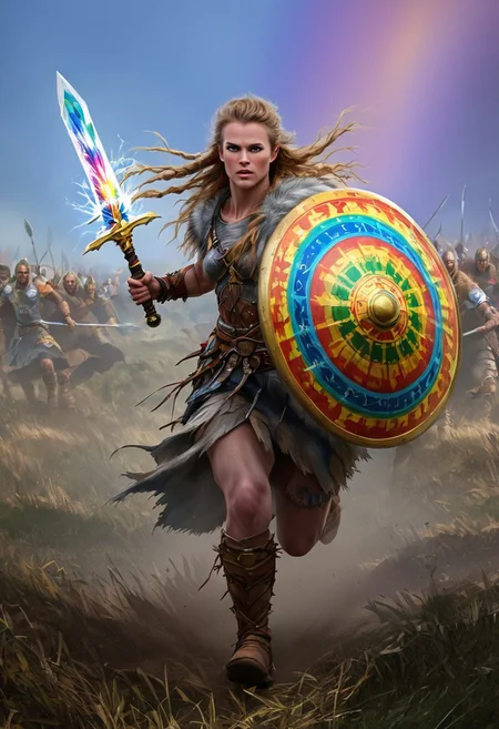 VALHERO neouv, shieldmaiden holding rainbow shield and rainbow sword while running through the battle of ragnarok