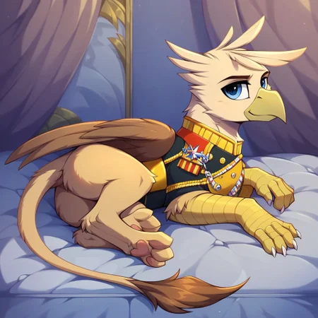 masterpiece, score_9_up, score_8_up, score_7_up, score_6_up, (best quality:1.1), ultra-detailed, high resolution, mlp style, solo, kaiser, griffon, feral, avian, beak, male, eyebrows, blue eyes, feathers, feathery ears, seductive facial expression, dressed, military royal clothes, sensual, cozy living room, lying on side, beed, full body, expressiveh, highly visible, sharp focus, anatomically correct, detailed background, close up view, detailed facial features, expressiveh, highly visible, sharp focus