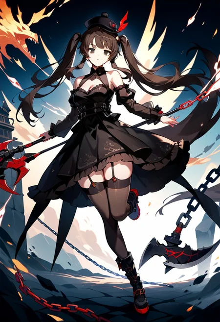 score_9,score_8_up,score_7_up,source_anime, Lily Bloommerchen,1girl,solo,long hair,breasts,looking at viewer,bangs,brown hair,black hair,thighhighs,long sleeves,hat,dress,holding,cleavage,bare shoulders,twintails,brown eyes,medium breasts,very long hair,standing,full body,weapon,boots,frills,parted lips,detached sleeves,puffy sleeves,black footwear,holding weapon,black dress,black headwear,floating hair,chain,garter straps,knee boots,crossed legs,scythe,holding scythe,watson cross,