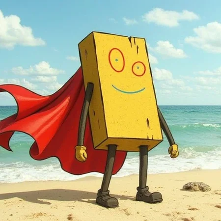 A semi-realistic depiction of Plank with a superhero cape billowing in the wind.