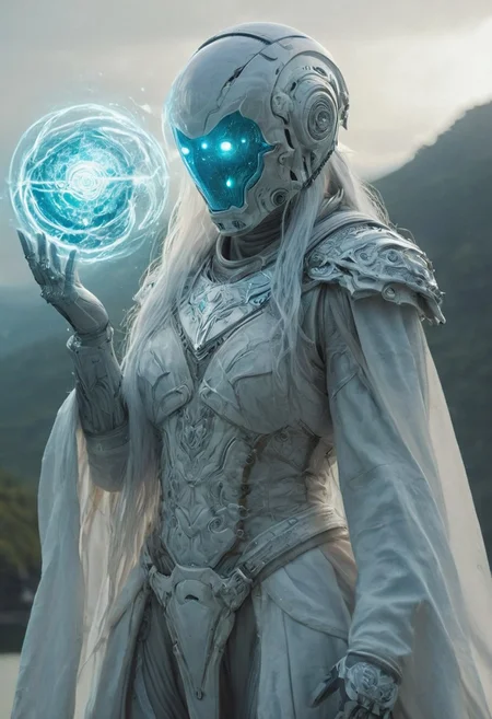 a mystical, and high-resolution image of an anthropomorphic Elysium Busty knightess with orbstaff in Radiant Darkness, Cleavage, The character should be depicted in a manga cover style with wealthy portraiture and poster art elements. Volumetric lighting, The image should feature rich colors and high contrast, focusing on the best quality, official art, and a beautiful and aesthetic appearance. wearing Sci-fi clothes and enhanced Astronaut helmet Mask and very Long White hair, and standing in a cowboy shot pose. The character should have tattoos, muscular abs, shoulder armor, mystic Ethereal lake in the background. Emphasize a samurai theme with a detailed background and translucent amber elements.