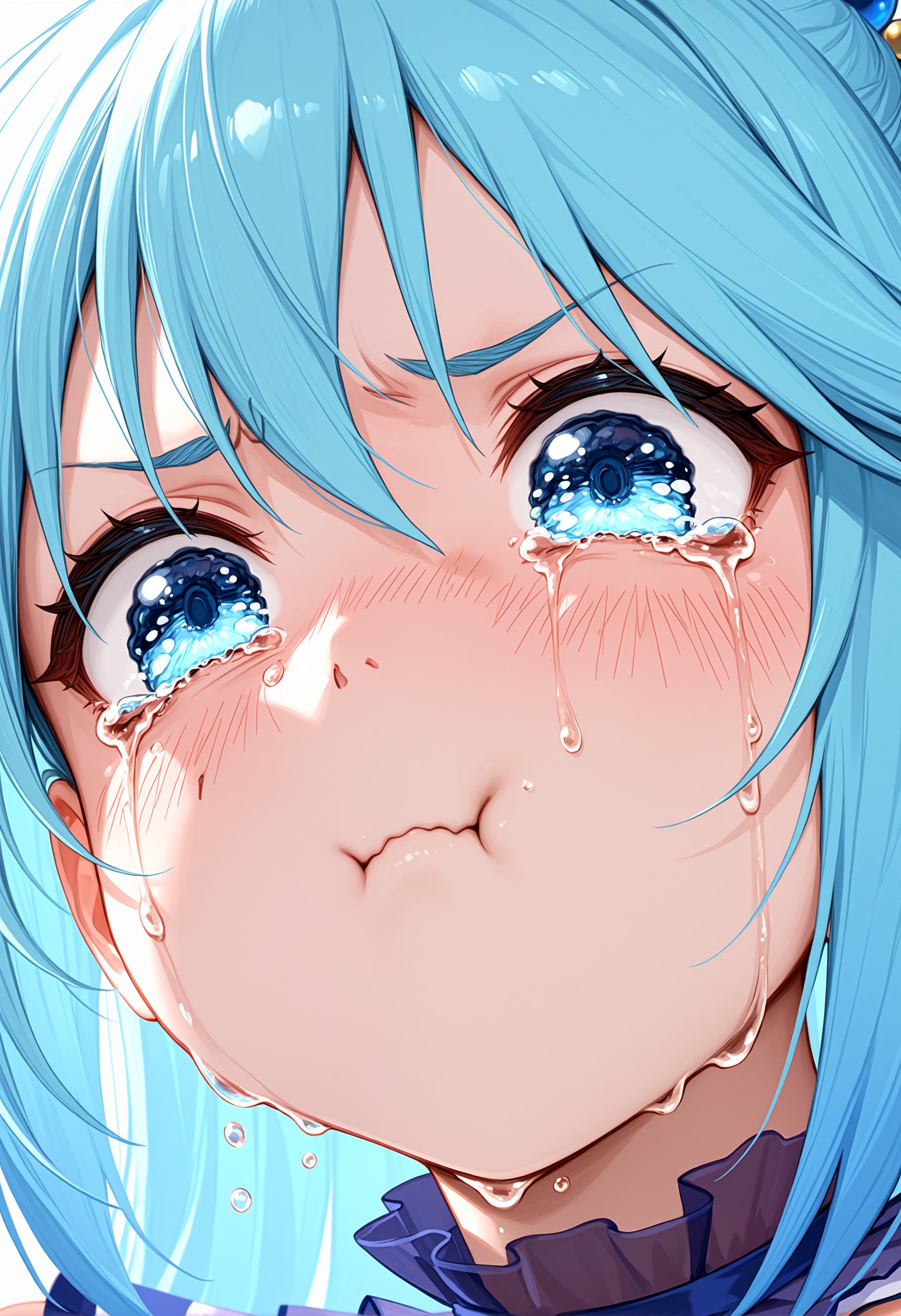 1girl, aqua konosuba, crying, pout, wavy eyes, close-up, incredibly absurdres, highres, masterpiece, newest