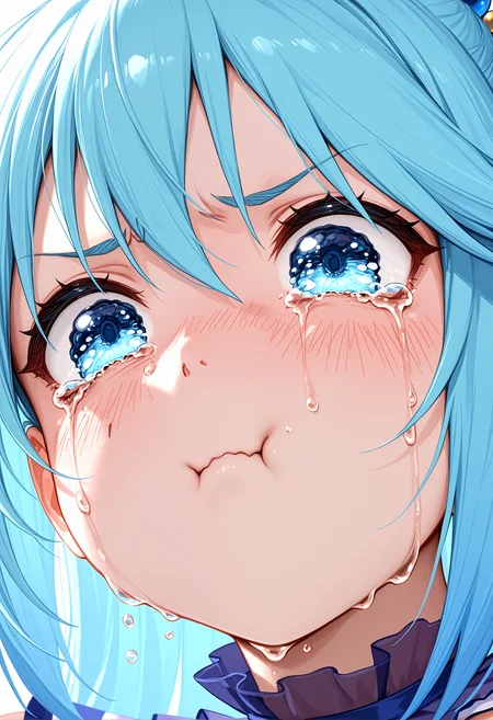 1girl, aqua konosuba, crying, pout, wavy eyes, close-up, incredibly absurdres, highres, masterpiece, newest