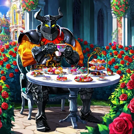 wrsdm, vivid contrast, bright colors, colorful, mm2shd, solid black shading, GOHAGO, 1boy, very muscular, bare arms, pauldrons, horned helmet, glowing eyes, yellow eyes, gorget, full armor, codpiece, gauntlets, greaves, rose garden, sitting, pastry, holding teacup, table, from the side, looking at viewer, sunny, outdoors,

masterpiece, best quality, amazing quality