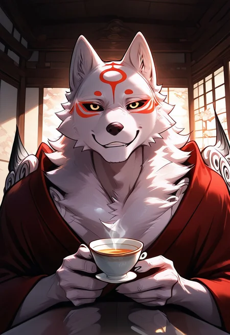 score_9_up, score_8_up, score_7_up, masterpiece, best quality, amazing quality, very aesthetic, absurdres, newest, high quality, detailed, male, solo male, Amaterasu, 1boy, mature male, male, wolf, white fur, red markings on face, red markings, anthro, athletic build, broad shoulders, animal ears, black sclera, yellow eyes, black and red robe, looking at viewer, half body, smiling, indoors, Japanese interior, sitting, cup of tea in hand, volumetric lighting
