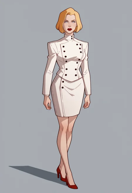 score_9, score_8_up, score_7_up, score_6_up, score_5_up, score_4_up, BREAK,
1girl, agentl, blonde hair, short hair, blue eyes, red lips, makeup,
white coat, white skirt, high heels,
full body, solo, looking at viewer, simple background, solid grey background <lora:AgentLXL:1>