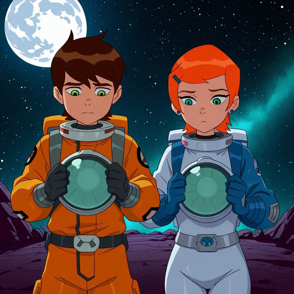 masterpiece, best quality, ben_w_gwen, (1boy, ben_t, brown hair, green eyes), break, (1girl, gwen_t, orange hair, green eyes), both wearing,space suit,moon,starry sky
