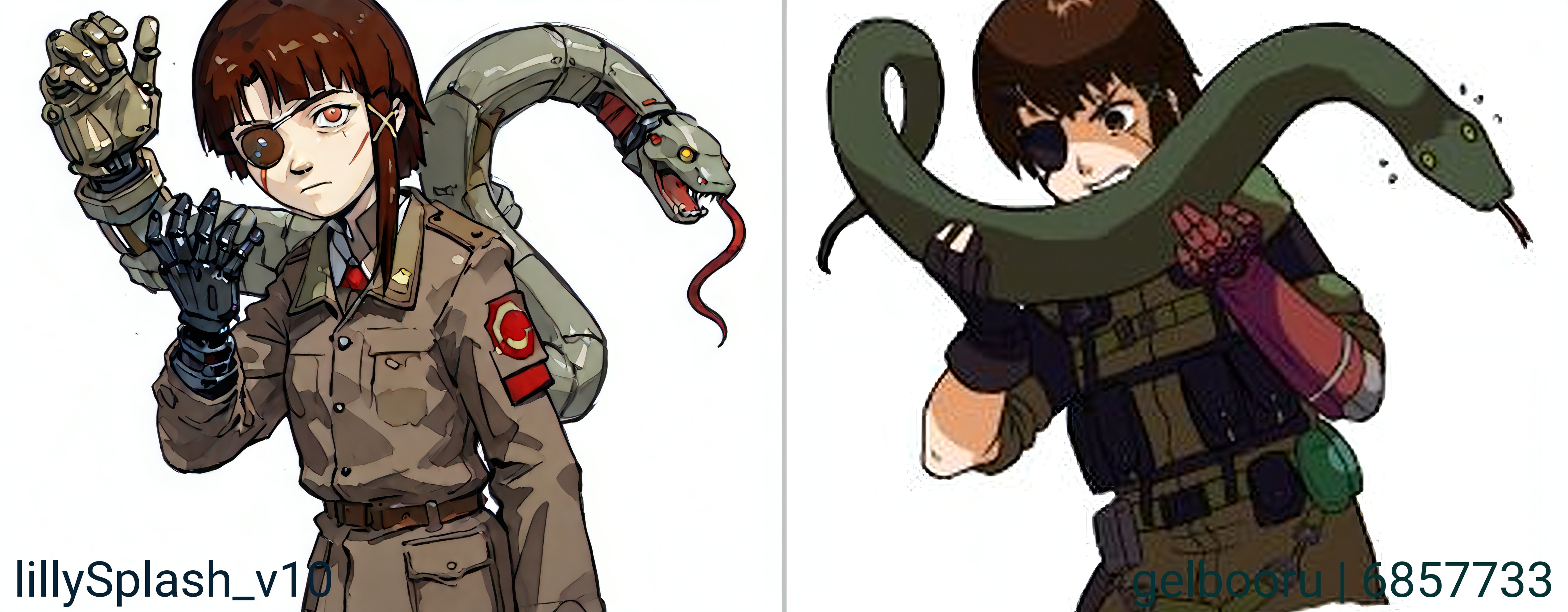 masterpiece, very awa, high quality, asymmetrical hair,brown hair,commission,crossover,eyepatch,gloves,hair ornament,highres,iwakura lain,joints,kamago draws,mechanical arms,metal gear \(series\),metal gear solid 3: snake eater,military,military uniform,parody,pocket,prosthesis,prosthetic arm,robot joints,scar,scar across eye,scar on face,serial experiments lain,single mechanical arm,snake,x hair ornament, suzukasuraimu, iwakura