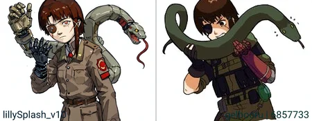 masterpiece, very awa, high quality, asymmetrical hair,brown hair,commission,crossover,eyepatch,gloves,hair ornament,highres,iwakura lain,joints,kamago draws,mechanical arms,metal gear \(series\),metal gear solid 3: snake eater,military,military uniform,parody,pocket,prosthesis,prosthetic arm,robot joints,scar,scar across eye,scar on face,serial experiments lain,single mechanical arm,snake,x hair ornament, suzukasuraimu, iwakura