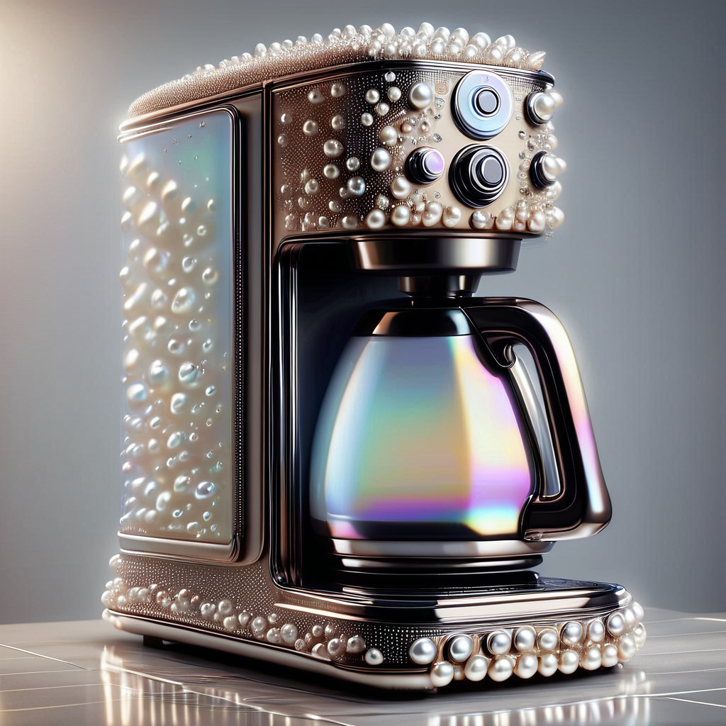 zPDXL2, Pearlum, coffee maker, luxurious, elegant, pearlescent theme, metallic finish, encrusted with pearls, iridescent surface, spectrum of colors, intricate details, unconventional design, opulent, household appliance, shimmering, high gloss, artistic, decorative, pearl-inlaid buttons, translucent glass, luminous, aesthetic, digital artwork <lora:Pearlum_-_Pony:1>