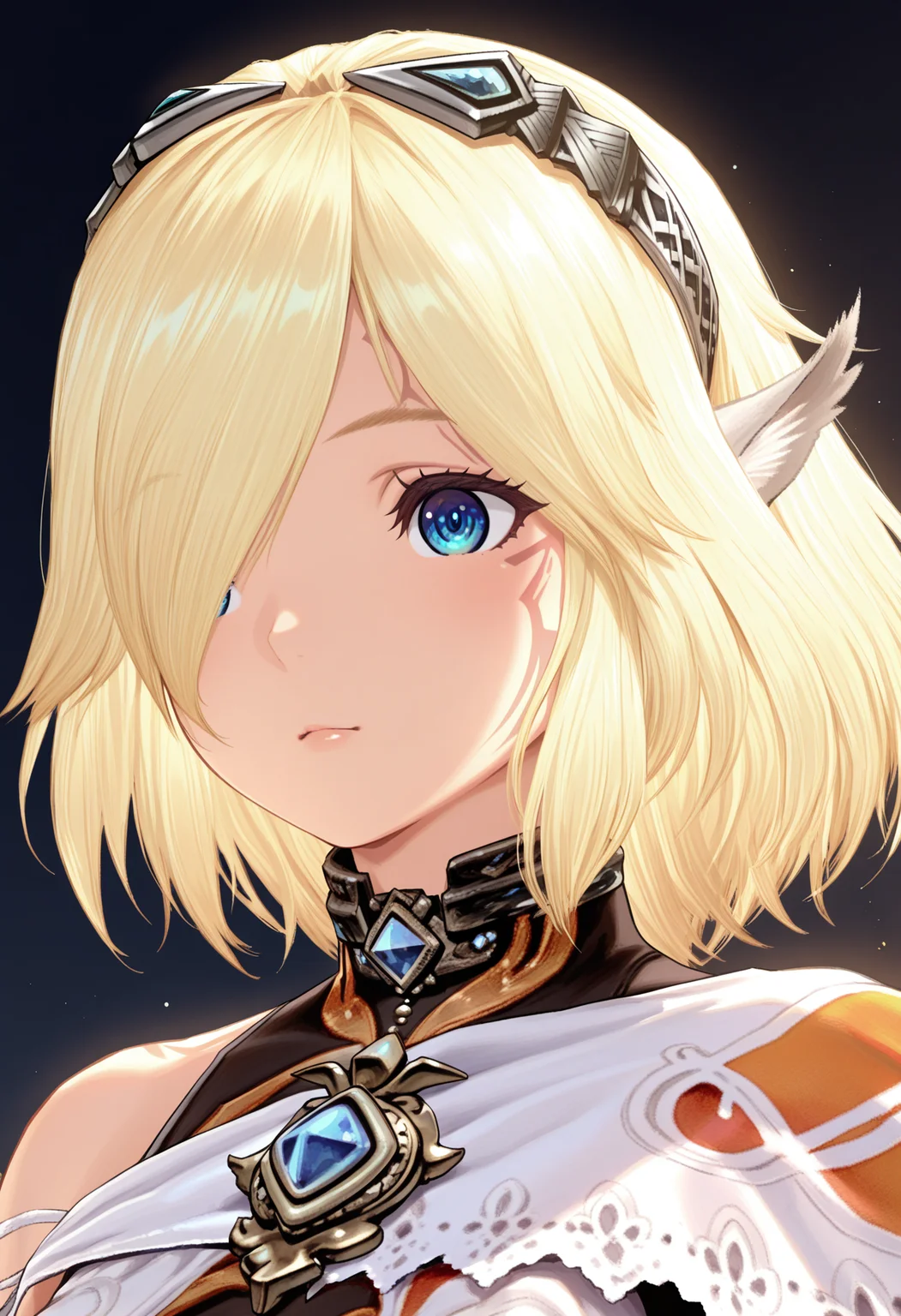masterpiece, best quality, good quality, portrait, upper body, xenoblade, white dress, bodysuit, hairband, medium hair, face marks, hair over one eye, blue eyes, celica<lora:celica illustrious 016:1>