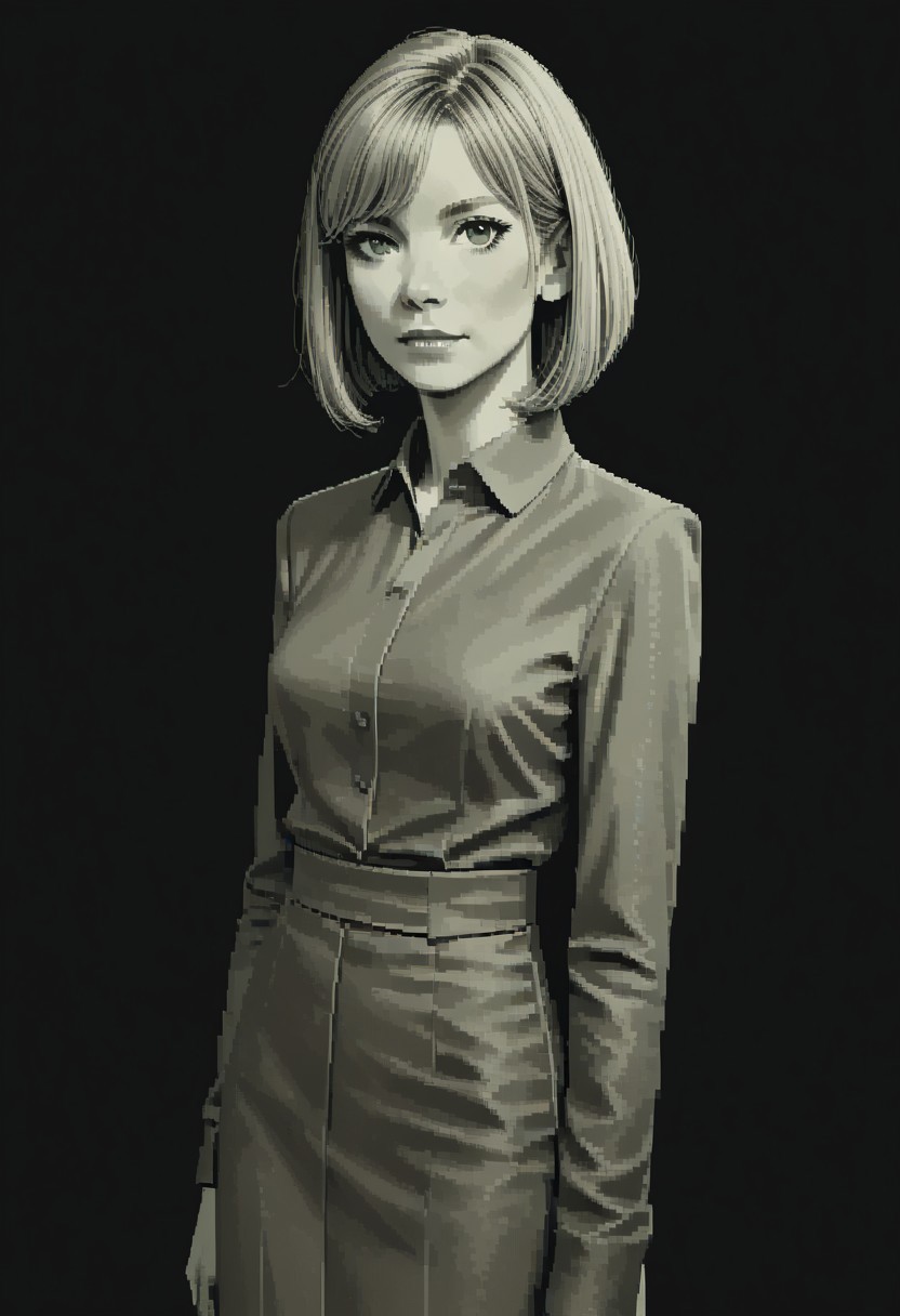 score_9, score_8_up, 
green theme, monochrome, pixel, source_anime, bold lines, flat colors,
very aesthetic, Expressiveh, belatricepamford, medium breasts, formal clothes, (skinny:0.3)