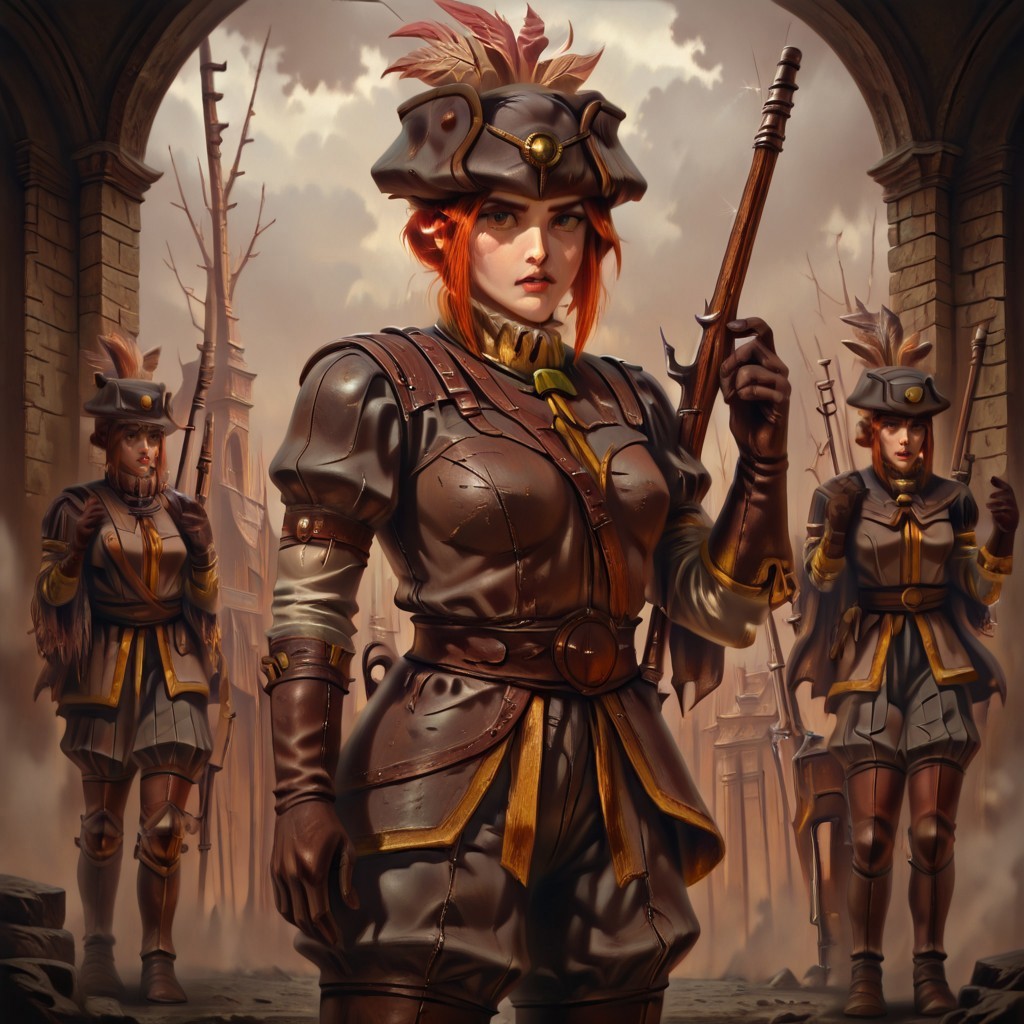 masterpiece, best quality, newest, absurdres, highres, vintage anime, 90s anime, DFOP-V3.0, oil painting, solo, solo focus,
1girl, DDMusV1.0, hat, rifle, holding weapon, hat, feather, tricorne, gloves, leather, leather armor,