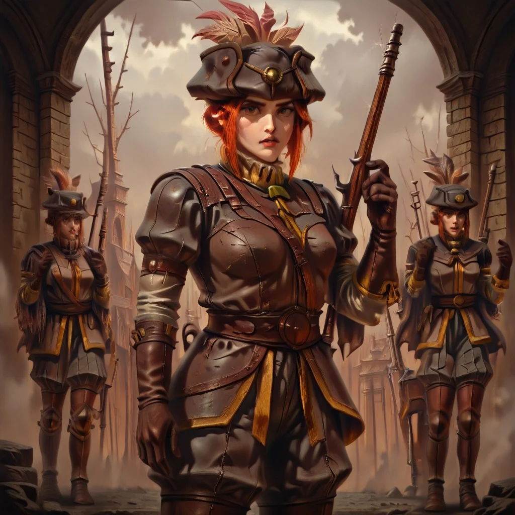 masterpiece, best quality, newest, absurdres, highres, vintage anime, 90s anime, DFOP-V3.0, oil painting, solo, solo focus,
1girl, DDMusV1.0, hat, rifle, holding weapon, hat, feather, tricorne, gloves, leather, leather armor,