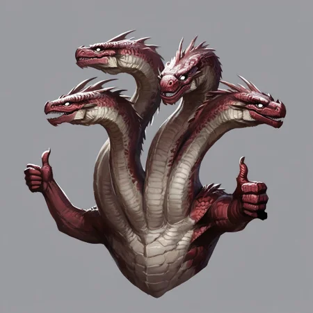 Score_7_up, score_8_up, upper body,
BREAK,
 hydra, multiple heads,  white eyes, white iridescent scales,(thumbs up:1.5), simple background,