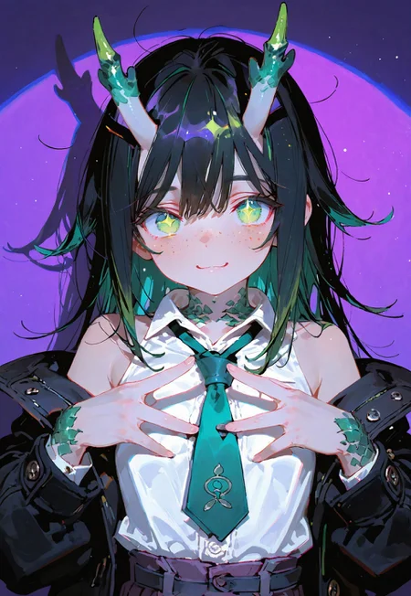looking at viewer,bust shot

hand symbol with hands,smile

1 girl,petite,loose unruly messy hair,messy bangs,black hair,green accents hair,fair skin,dragon horns,green eyes, sparkling eyes,freckles

Large Black coat with green accent,coat hanging sleeves,white sleeveless buttoned shirt tucked in,green tie, exposed shoulder

Color background, bright purple background,shadow, light from front,glimmer, scales design, sparkling,spotlight,soft anaglyph

Cunnystyle,748cmstyle,Smooth_Quality,masterpiece,best quality,amazing quality, aesthetic,bright colors,bold lines