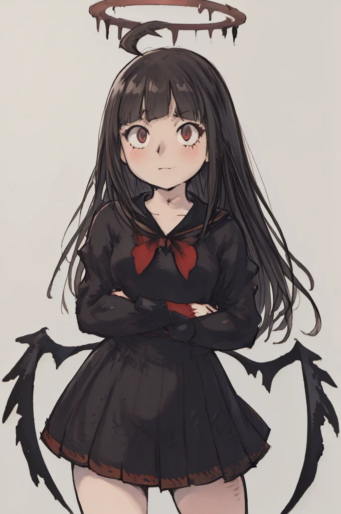 (Yoshida_Akihiko_PonyXL_style_v02.10.01:), solo, EPbaTsurugi, black hair, long hair, red eyes, blunt bangs, ahoge, halo, black wings, black sailor collar, black serafuku, black school uniform, black skirt, red neckerchief, blush, eyelashes, pleated skirt, sailor collar, skirt, sharp teeth, grin, crazy eyes, crazy smile, touching fingers, gray background, black wings, (Bravely Default Style), yoshida akihiko, blush, red eyes, shy, <lora:pony\char\game\ba\EPbaTsurugiPony.safetensors>, <lora:pony\style\Yoshida_Akihiko_PonyXL_style_v02.10.01.safetensors>, <lora:styles\yoshida_akihiko_offset.safetensors>, <lora:styles\BravelyDefault.safetensors>, <checkpoint:[Pony] prefectPonyXL_v10.safetensors>, <checkpoint:[SD15] tfmCutesyAnime2_genesis.safetensors>