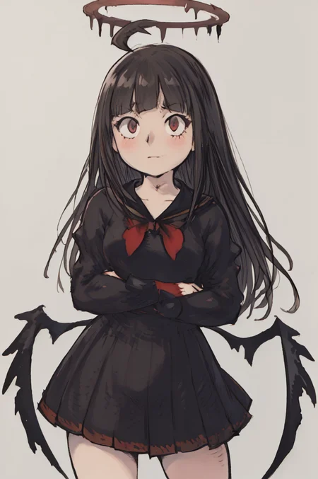 (Yoshida_Akihiko_PonyXL_style_v02.10.01:), solo, EPbaTsurugi, black hair, long hair, red eyes, blunt bangs, ahoge, halo, black wings, black sailor collar, black serafuku, black school uniform, black skirt, red neckerchief, blush, eyelashes, pleated skirt, sailor collar, skirt, sharp teeth, grin, crazy eyes, crazy smile, touching fingers, gray background, black wings, (Bravely Default Style), yoshida akihiko, blush, red eyes, shy, <lora:pony\char\game\ba\EPbaTsurugiPony.safetensors>, <lora:pony\style\Yoshida_Akihiko_PonyXL_style_v02.10.01.safetensors>, <lora:styles\yoshida_akihiko_offset.safetensors>, <lora:styles\BravelyDefault.safetensors>, <checkpoint:[Pony] prefectPonyXL_v10.safetensors>, <checkpoint:[SD15] tfmCutesyAnime2_genesis.safetensors>
