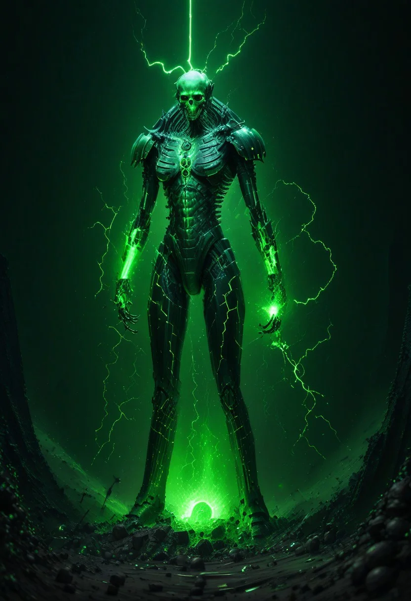 Necron, electricity, green glow, green theme, colorful splash background, giant pet,