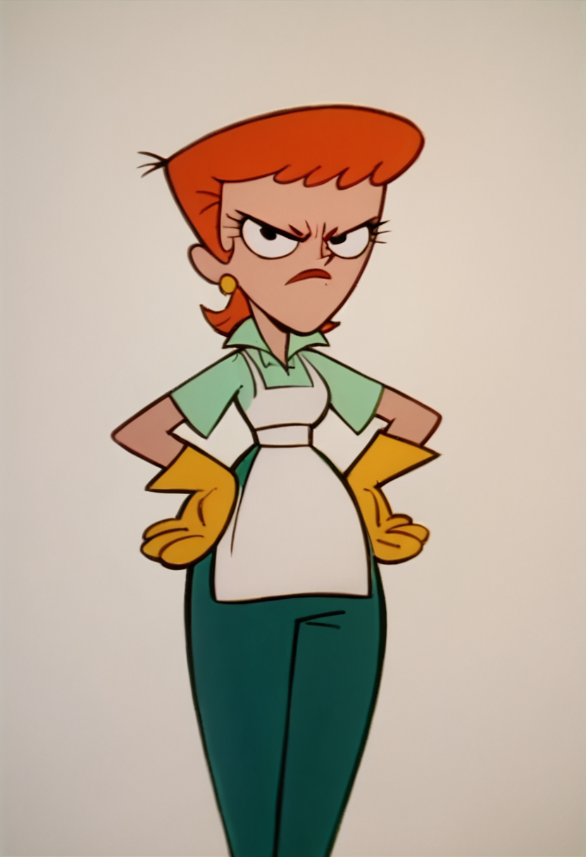<lora:DextersMomPony1.0:1>DextersMom, angry, 1girl, solo, earrings, hands on hips, apron, short hair, aqua shirt, green pants, rubber gloves  score_9, score_8_up, score_7_up, score_6_up, score_5_up, score_4_up, looking at viewer,hand on own hip,