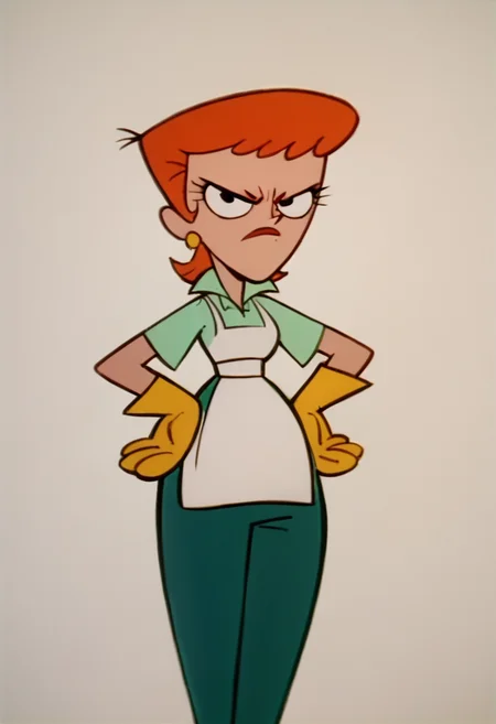 <lora:DextersMomPony1.0:1>DextersMom, angry, 1girl, solo, earrings, hands on hips, apron, short hair, aqua shirt, green pants, rubber gloves score_9, score_8_up, score_7_up, score_6_up, score_5_up, score_4_up, looking at viewer,hand on own hip,