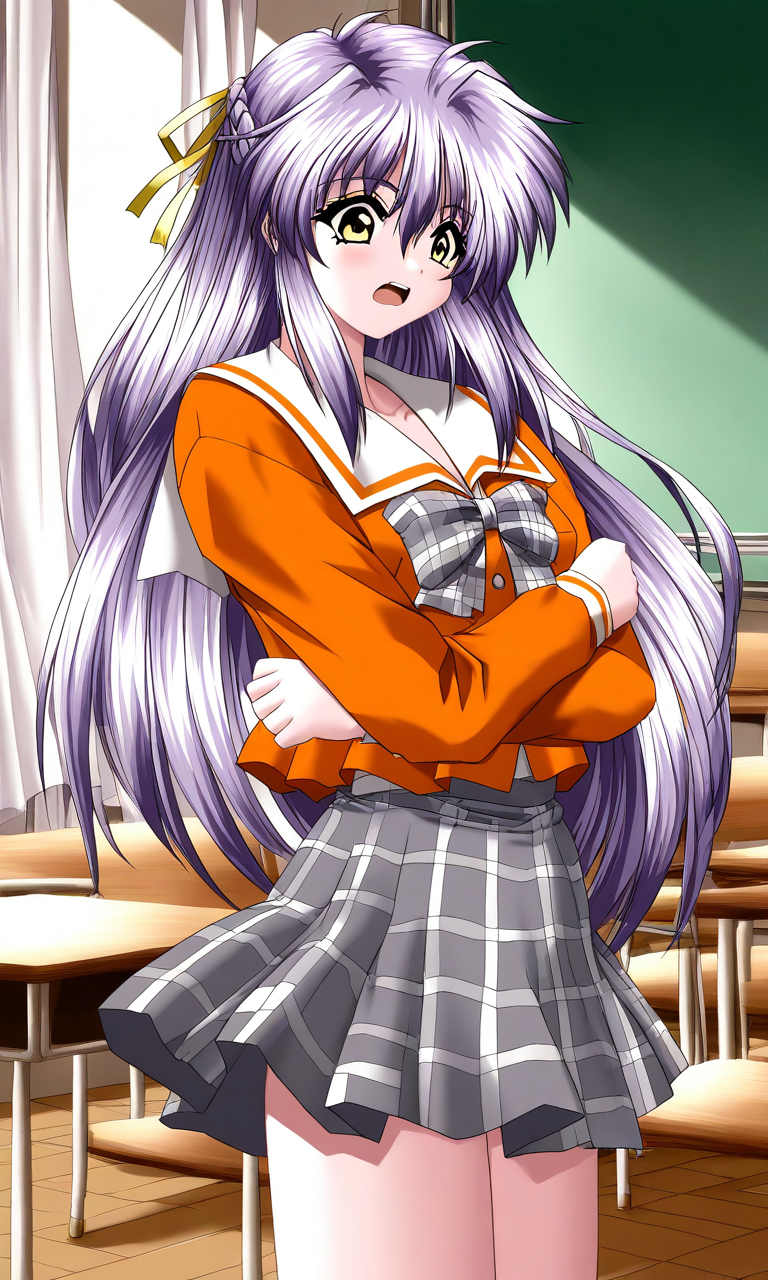general,highres, ultra-detailed,very aesthetic,best quality ,best hands, BREAK <lora:Nishikujo_Shion_Akumu_AoiKajitsunoSange_IS:1>
Nishikujo_Shion, 1girl, solo, light purple hair, long hair, half updo, yellow eyes, hair ribbon, yellow ribbon, small breasts,
surprised,
orange school uniform, ribbon, white and gray skirt, outdoors, 
crossed arms,
plaid skirt, plaid bow, long sleeves, serafuku,
School, class room, curtain.