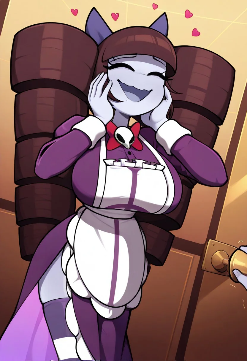 masterpiece, best quality, amazing quality, score_7_up, score_8_up, score_9_up,
dynamic angle,
floating hearts, multiple hearts,
1girl, Lillith \(wheatly101)\, tall girl, fit, wavy mouth, large cylindrical twin-drill pigtails shaped like barrels, straight-cut blunt bangs, dark brown hair, purple hair bowtie, pale purple-gray skin, colored skin, long hair, 5 fingers,
dress, white apron, frilled skirt, dark purple dress, striped stockings, skull brooch, red neck bowtie, purple hair bowtie,
open mouth, happy, closed eyes, hand place on cheeks,
Spiralart style,