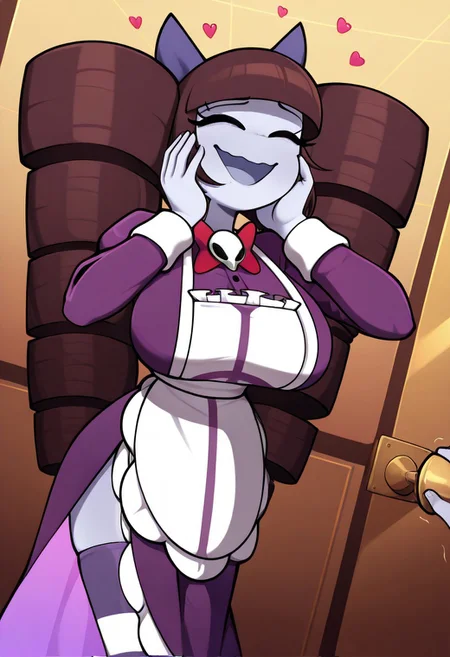 masterpiece, best quality, amazing quality, score_7_up, score_8_up, score_9_up,
dynamic angle, 
floating hearts, multiple hearts, 
1girl, Lillith \(wheatly101)\, tall girl, fit, wavy mouth, large cylindrical twin-drill pigtails shaped like barrels, straight-cut blunt bangs, dark brown hair, purple hair bowtie, pale purple-gray skin, colored skin, long hair, 5 fingers, 
dress, white apron, frilled skirt, dark purple dress, striped stockings, skull brooch, red neck bowtie, purple hair bowtie,
open mouth, happy, closed eyes, hand place on cheeks, 
Spiralart style,