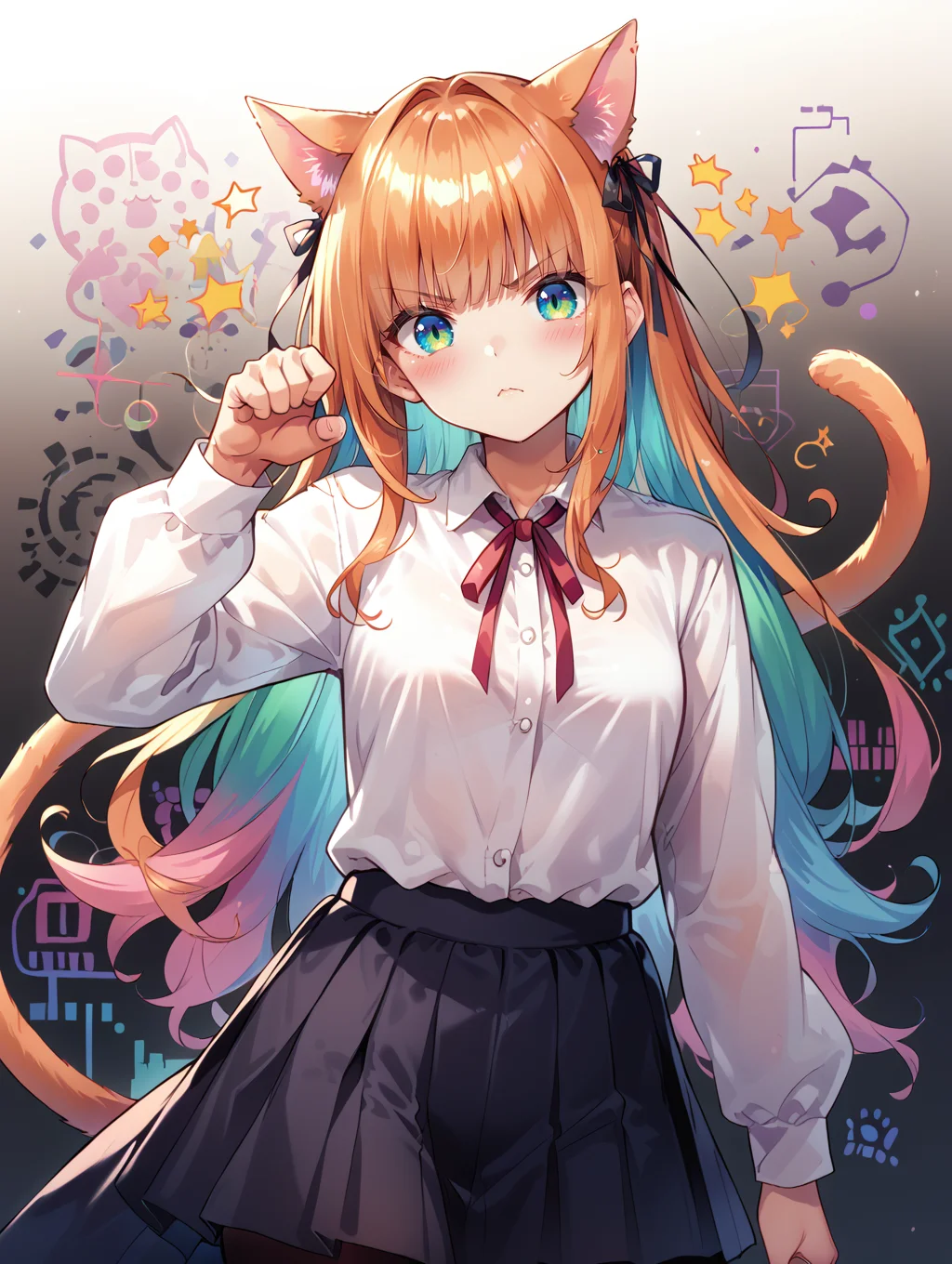 score_9, score_8_up, score_7_up,source_anime, <lora:style012:0.6>
1girl, looking at viewer, determined, blush, detailed background, animal ears, cat ears, cat girl, horse tail, tail, shiny eyes, long hair, colorful hair, eyebrows visible through hair, ribbon, ear ribbon, neck ribbon, eyes visible through hair, casual, alternate costume, long dress, pleated dress, long dress, shirt, color shirt, long sleeves, black pantyhose, tail,cat tail,animal ears,cat ears standing, paw pose half body shot, upper body,